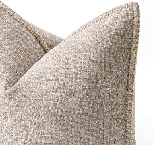 MIULEE Pack of 2 Couch Throw Pillow Covers 20x20 Inch Natural Beige Farmhouse Decorative Pillow Covers with Stitched Edge Taupe Soft Chenille Solid Dyed Pillow Covers for Sofa Bed Living Room