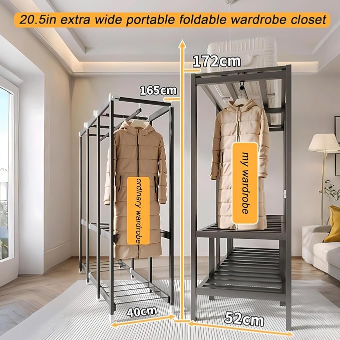 95.3in Heavy Duty Clothe Rack with Cover Load 1200lbs Foldable Portable Wardrobe Closets for Hanging Clothes Freestanding Clothing Garment Rack (Black, 95.3in/242cm)