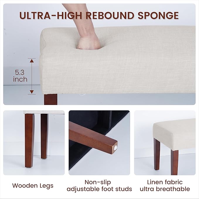 44" Bedroom Bench, Fabric End of Bed Bench, Entryway Benches, Upholstered Ottoman Bench with Wood Legs for Kitchen, Indoor, Living Room and Hallway (Beige)