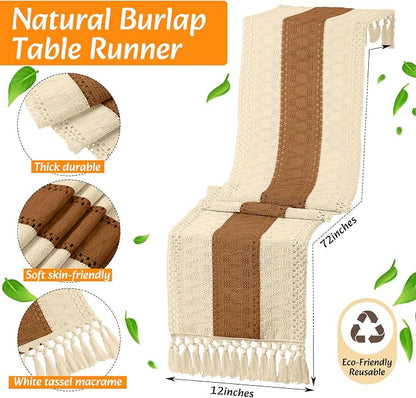 6 Sets Boho Decoration Placemats Round Woven Placemats, Cloth Napkins, Wood Bead Napkin Rings, Long Table Runner and Farmhouse Burlap Cotton for Table Kitchen (Caramel,12x72)