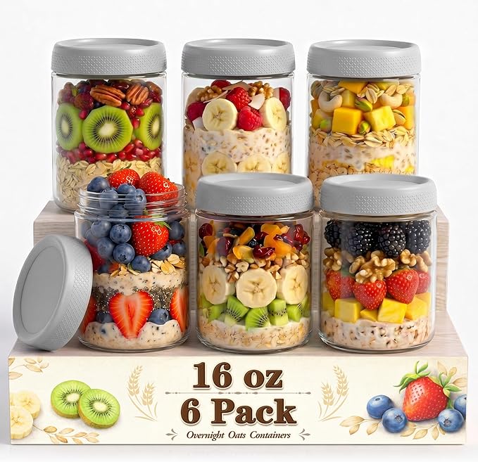 6 Pack Mason jars, 16 oz Overnight oats Containers with Lids, Parfait Cups with Lids for Yogurt, Oatmeal, Glass Jar with Lid for Storage, Food, Pudding, Sugar, Salad, Snack, Kitchen, Jam(Gray)