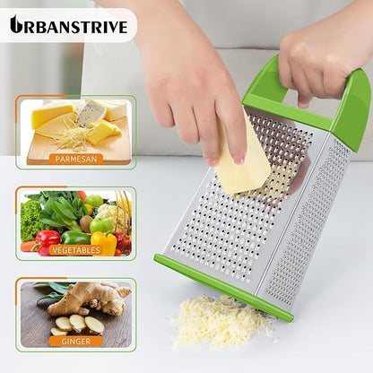 Urbanstrive Cheese Grater With Container, Professional Cheese Grater with Handle, Stainless Steel Graters for Kitchen Handheld, Box Grater with 4 Sides for Vegetables, Ginger, Potatoes (Green)