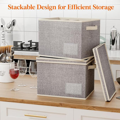 Lifewit 4 Pcs Wine Glass Storage Box with Dividers, Stackable Cationic Hard Shell Stemware Organizer with 48 Cells, Foldable Dustproof China Containers for Moving, Light Grey