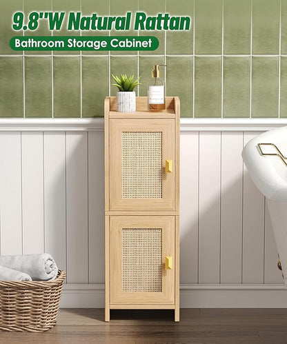 Akxomel Rattan Small Bathroom Cabinet with 2 Doors, 7.9''D x 9.8''W Narrow Toilet Paper Storage Cabinet, Bathroom Organizer for Small Spaces, Wooden Slim Corner Unit with Adjustable Shelf, Natural Oak