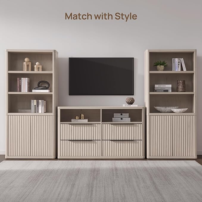 SICOTAS Book Shelf with Doors 71" Tall 6 Tier Bookshelf with Adjustable Shelves Fluted Booshelves & Bookcases Modern Book Case with Large Storage Display Cabinet for Living Room Home Office Bedroom