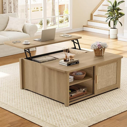 SEDETA 31.5" Lift Top Coffee Table with Storage, Square Coffee Tables for Living Room, Farmhouse Coffee Table with Large Hidden Storage Compartment and Adjustable Shelves, Rattan Oak
