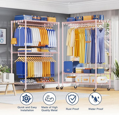 P8 Heavy Duty Clothes Rack（With Extended Width Design） Rolling Clothing Racks for Hanging Clothes，Portable Garment Rack with Lockable Wheels，51.2" W x 15.8" D x 80.5" H，Max Load 700LBS，Pink