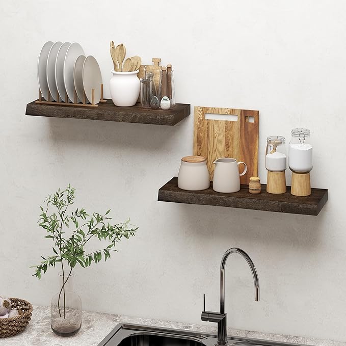 Dreamland 24 Inch Floating Shelves, Rustic Elm Wood Live Edge Wall Shelf for Home Decor, 8 Inch Deep Floating Shelf for Wall, 24 x 8 Bathroom Shelves Set of 2, Walnut Color