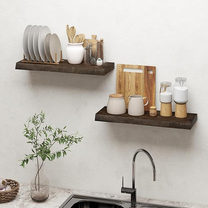 Dreamland 24 Inch Floating Shelves, Rustic Elm Wood Live Edge Wall Shelf for Home Decor, 8 Inch Deep Floating Shelf for Wall, 24 x 8 Bathroom Shelves Set of 2, Walnut Color