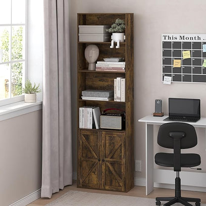 Furinno Jensen Book Shelf, 6-Tier Farmhouse Bookshelf, Display Bookcase with Doors, 9.2" x 21.6" x 71.2", for Organization and Storage, for Living Room, Bedroom, Home Office, Amber Pine