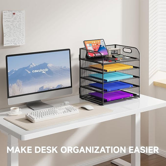 Cawukege 5 Tier Paper Organizer with Handle, Black Metal Mesh Desk Organizer File Folder Paper Letter Tray Desktop Document Sorter for Classroom, School, Office Accessories Organization and Storage
