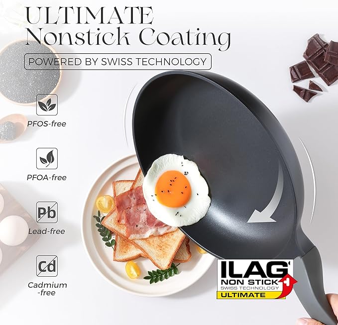 PRICUSIS Nonstick Frying Pan, 8/10/12 Inch Skillet with Stay Cool Handle, Fully Coated, Induction Compatible & Oven Safe, 100% Dishwasher Safe, PTFE & PFOA Free（10 Inch, Black Sesame）