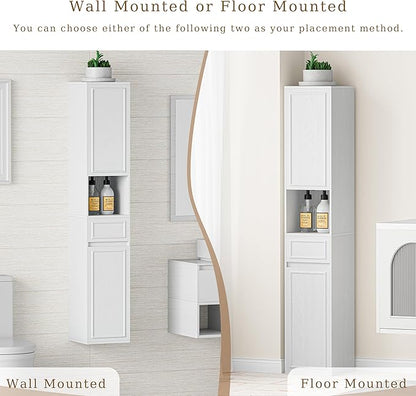 Tall Bathroom Storage Cabinet, Wall Mounted or Floor Mounted,Narrow Slim Wall Cabinet with 2 Door, 1 Drawer, Open Shelf for Living Room, 11.81" D x 11.81" W x 65" H (Embossed White, 2 PCS)