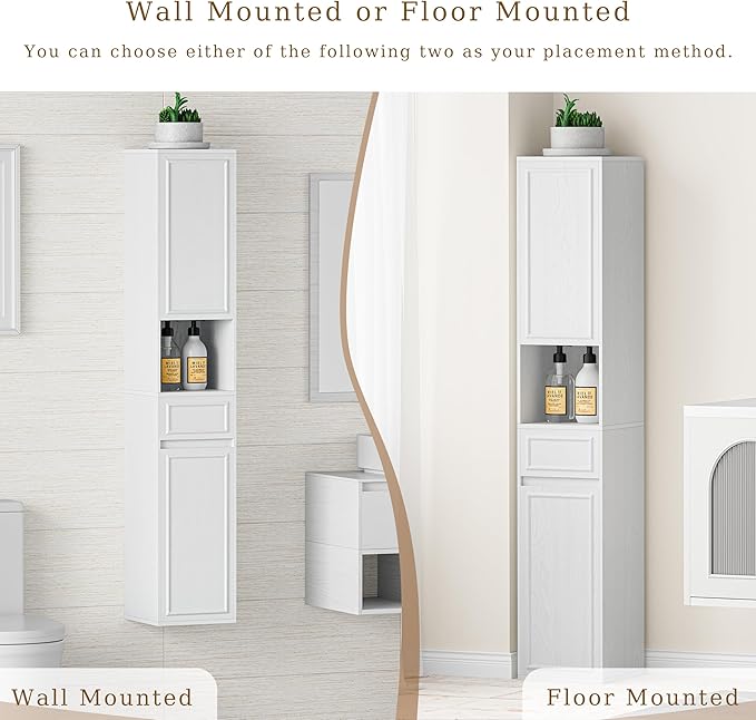 Tall Bathroom Storage Cabinet, Wall Mounted or Floor Mounted,Narrow Slim Wall Cabinet with 2 Door, 1 Drawer, Open Shelf for Living Room, 11.81" D x 11.81" W x 65" H (Embossed White, 1 PCS)