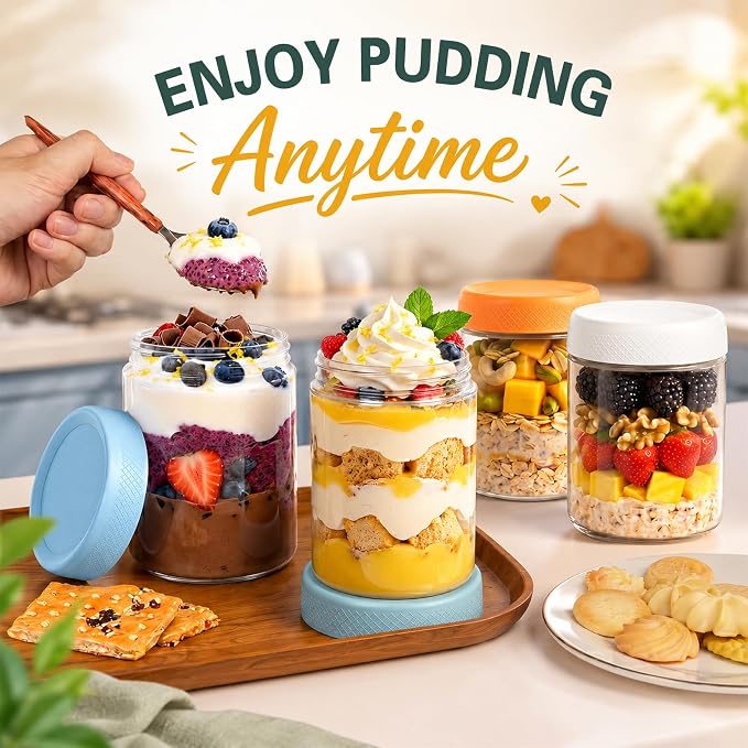 6 Pack Overnight Oats Containers with Lids, Mason Jars 16 oz with Lids, Reusable Glass Jars, Parfait Cups with Lid for Yogurt, Chia, Pudding, Snack, Food, Spice, Breakfast, Salad, Sugar