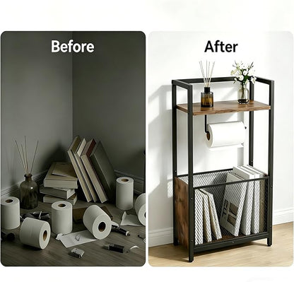 Toilet Paper Holder Stand, Free Standing Toilet Paper Stand with Metal Mesh Basket, Freestanding Toilet Paper Holder with Storage for Bathroom Tissue Roll Holder, Magazines, Wipes, Black
