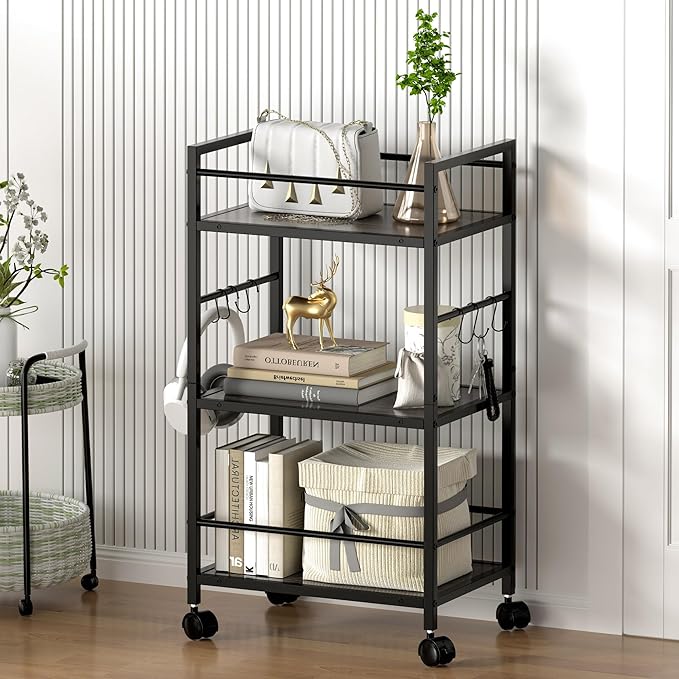 Bar Cart, Serving Cart for Home, Microwave Cart, Drink Cart, Mobile Kitchen Shelf with Wine Rack and Glass Holder, Rolling Beverage Cart for Dining Room, Grey