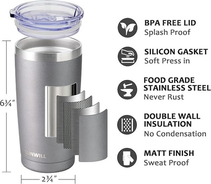 SUNWILL Travel Coffee Tumbler 20 oz, Insulated Mug with Lid, Stainless Steel Cup for Hot and Cold Drinks, Cool Grey