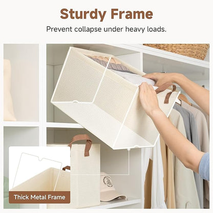 StorageWorks Storage Bins, Shelves Baskets for Organizing, Large Fabric Closet Organizers with Handles, Metal Frame, Beige?Texture?, 2-Pack