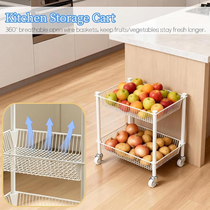 2 Tier Small Utility Cart on Wheels Short Rolling Pantry Cart Thick Metal Wire Basket Stand, Fruit Vegetables Storage Rack for Kitchen, Under Desk Storage for Small Space Bathroom Laundry, White