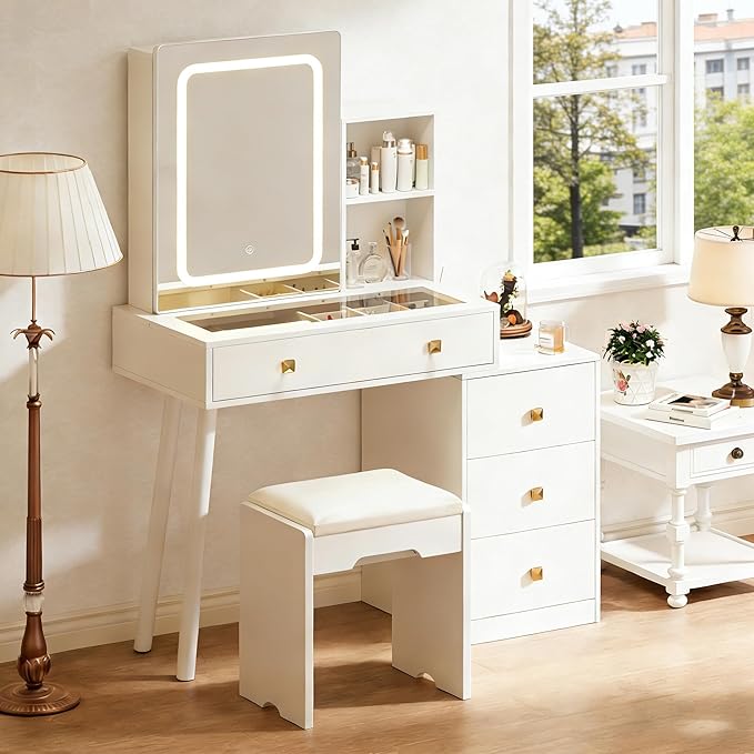 KAMABOKO Vanity Desk with Sliding Mirror and Lights, Makeup Vanity Table with 4 Drawers & Storage Rack &Power Outlet & Stool, White Dressing Table with Glass Transparent Top for Bedroom