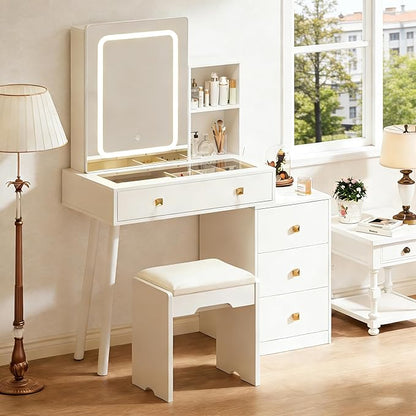 KAMABOKO Vanity Desk with Sliding Mirror and Lights, Makeup Vanity Table with 4 Drawers & Storage Rack &Power Outlet & Stool, White Dressing Table with Glass Transparent Top for Bedroom