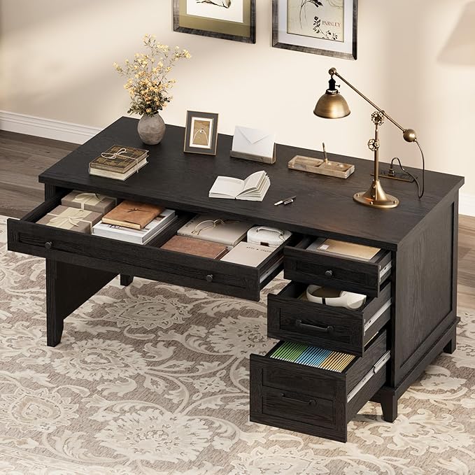 53.5" Farmhouse Home Office Desk with File Cabinet, Wooden Executive Desk with Power Outlet, Work Desk with Drawers, Traditional Wood Desk for Home and Office, Black
