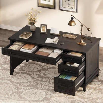53.5" Farmhouse Home Office Desk with File Cabinet, Wooden Executive Desk with Power Outlet, Work Desk with Drawers, Traditional Wood Desk for Home and Office, Black