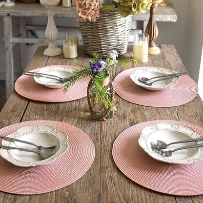FunWheat Round Braided Placemats Set of 6 Place Mats for Dining Tables Woven Washable Non-Slip Table mats 15 inch(Pink, 6pcs)