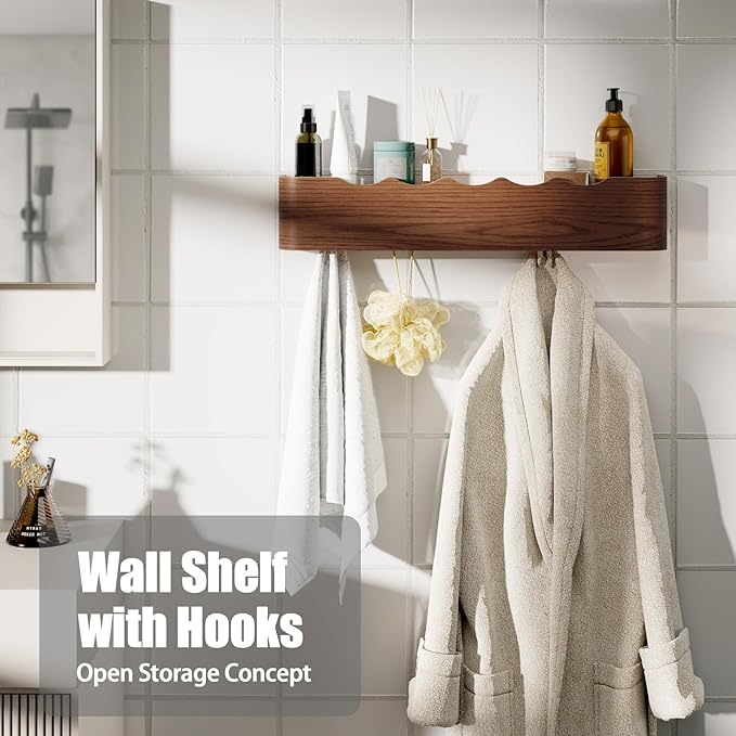 Coat Rack Wall Mount with Shelf 5 Hidden Hooks Modern Wooden Key Holder Entryway Organizer for Hallway Bedroom Bathroom Home Decor Storage for Hanging Coats Hats Bags Towels, Wave-Shape Walnut