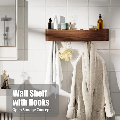 Coat Rack Wall Mount with Shelf 5 Hidden Hooks Modern Wooden Key Holder Entryway Organizer for Hallway Bedroom Bathroom Home Decor Storage for Hanging Coats Hats Bags Towels, Wave-Shape Walnut