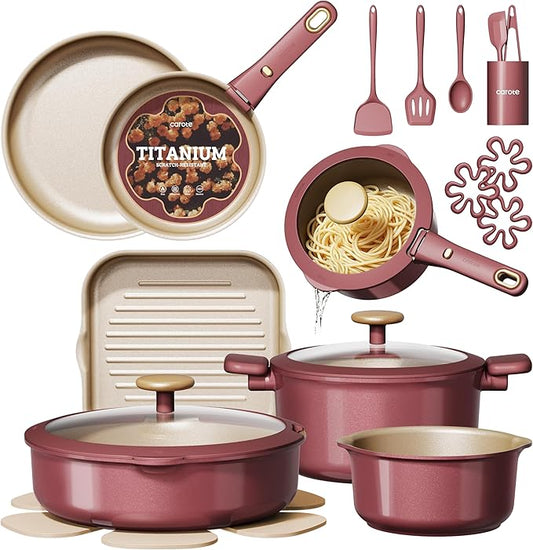 CAROTE 26 Pcs Pots and Pans Set, Nonstick Cookware Sets with Detachable Handle, Titanium Reinforced, Oven Safe, Cookware Non Stick Cooking Set w/Frying Pans & Saucepans Red(PFOS, PFOA Free)