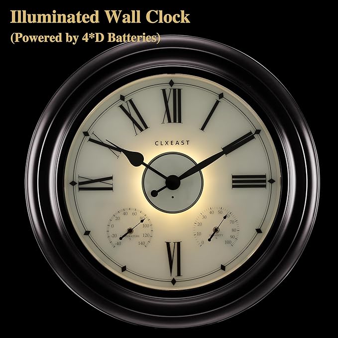 CLXEAST Illuminated Outdoor Indoor Metal Clocks Waterproof 24 inch, Oil Rubbed Bronze Black,Oversized Large Outdoor Roman Numeral Wall Clock with Thermometer & Hygrometer