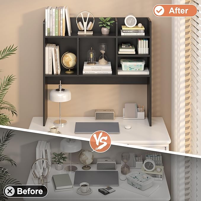 Desk Hutch with 6 Shelves, Desktop Bookshelf Organizer & Hutch Top for Desk, Over Desk Storage Shelf for Office, Home, Dorm | Space-Saving Design (Black)