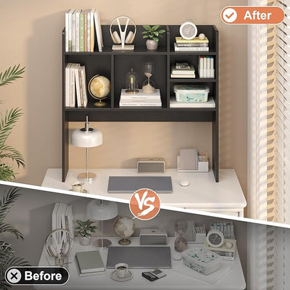 Desk Hutch with 6 Shelves, Desktop Bookshelf Organizer & Hutch Top for Desk, Over Desk Storage Shelf for Office, Home, Dorm | Space-Saving Design (Black)