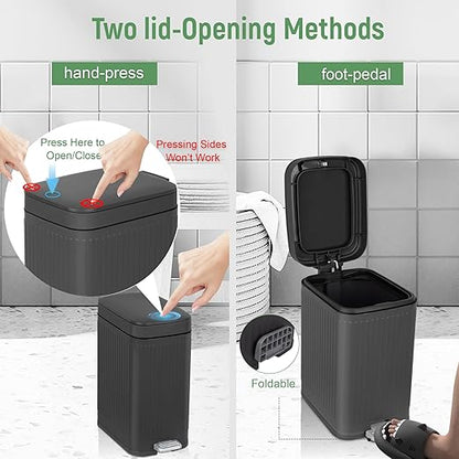 rejomiik Small Bathroom Trash Can with Lid Slim Soft Close Garbage Can Step Wastebasket Container Trash Bin for Office Bedroom Kitchen Living Room (2.6 Gallon Dark Gray)