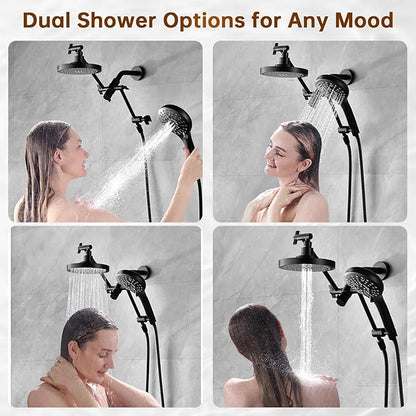 BRIGHT SHOWERS High Pressure Dual Shower Head Combo with Handheld and Rain Shower, Built-in Power Wash, 9 Settings, Height Adjustable Extension Arm, 3-Way Diverter, 69” Hose, Matte Black