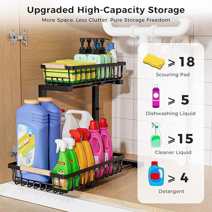 Under Sink Organizer,2 Pack Under Kitchen Sink Organizer,2 Tier Sliding-Out,5 Level Height Adjustable,Thickened Carbon Steel,Anti-Rust Treatment,for Kitchen Bathroom Black