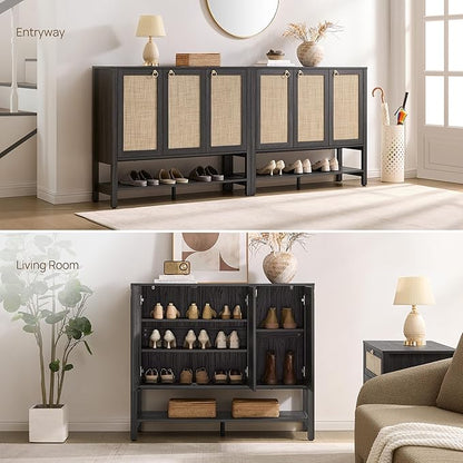SICOTAS Farmhouse Shoe Cabinet with Storage - 2 Pieces Large Rattan Shoe Organizer with Adjustable Shelves & 3 Doors, Boho Shoe Rack Cabinet for Entryway, Hallway, Living Room (Obsidian)