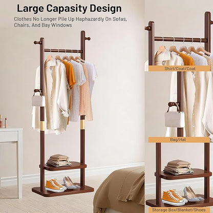Freestanding Coat Rack with 2 Storage Shelves and 5 Hooks, Heavy Duty Wood Garment Rack for Bedroom, Hallway, Entryway (23.6x11.4x62.6 in)