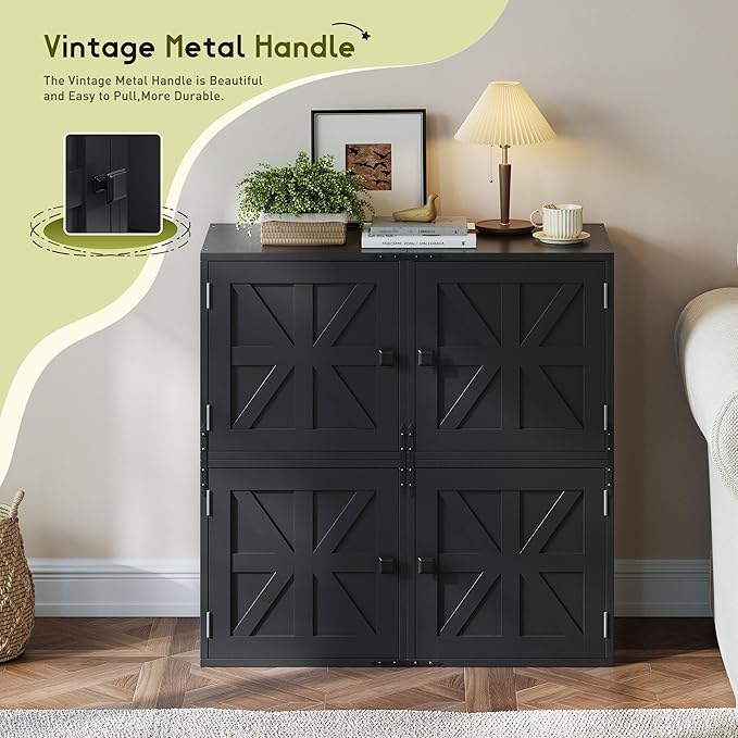 2-Tier Stackable Cube Storage Organizer, DIY Cube Storage Bookcase with Doors & Anti-Tip Design, Book Shelf for Bedroom, Office, Dorm,15" W x 11.81" D x 30" H, Black