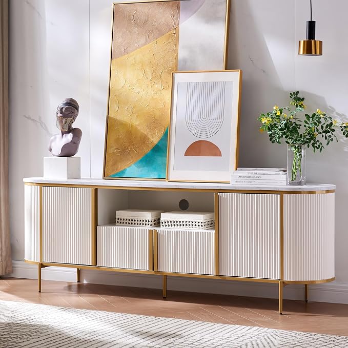 OKD 70" Fluted TV Stand with Storage, Faux Marble Top Entertainment Center for TVs Up to 80", Modern Curved Edge Media Console Cabinet for Living Room, Off White