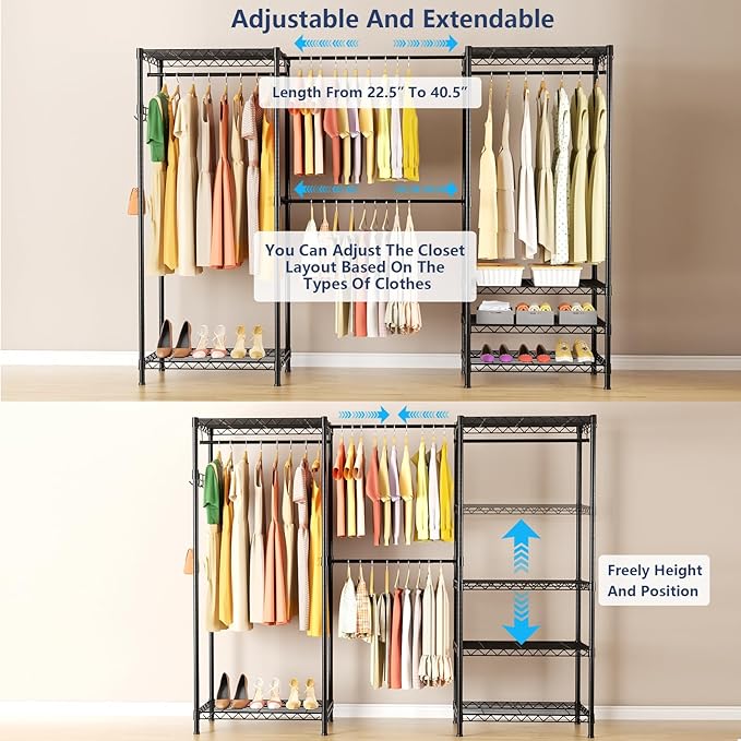 Heavy-Duty Clothes Rack, Expandable Closet Storage Unit with 6 Shelves and 4 Hanger Rods, Freestanding Bedroom Wardrobe Closet, Black