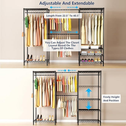 Heavy-Duty Clothes Rack, Expandable Closet Storage Unit with 6 Shelves and 4 Hanger Rods, Freestanding Bedroom Wardrobe Closet, Black