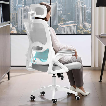 Ergonomic Office Chair,Mesh Office Chair with Lumbar Support,High Back Desk Chair with Flip-up Arms,400 lbs Big and Tall Computer Chair with Headrest,Comfy Desk Chairs (Light Grey)