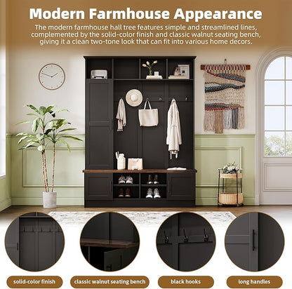 Merax Farmhouse Wood Hall Tree with Shoe Bench and 2 Drawers, 4-in-1 Coat Rack with 6 Hooks for Entrance, Hallway, Mudroom Black