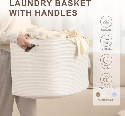 100L Extra Large Baby Girls Laundry Basket for Nursery Storage,Cute Woven cotton Rope Baskets for Kids Toy，Gifts, Boho Square Wicker Blanket hamper for Living Room,Bedroom Dirty Clothes, White