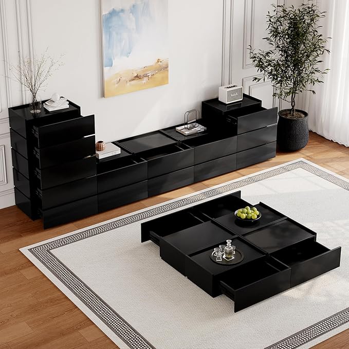 Coffee Table with Storage,Modern Center Table with 4 Hidden Drawers for Living Room,Rectangle Coffee Table for Home Furniture,Bedroom,Black