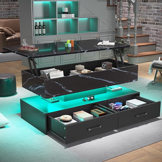 SEDETA 40" Lift Top Coffee Table, Coffee Tables with Storage for Living Room, Small Coffee Table with 2 Drawers & LED Light for Dining Reception Room, Black Marble