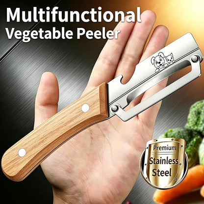 TEEVEA Vegetable Peeler, Stainless Steel Blade Wooden Handle | Multifunctional 2-in-1 kitchen tool, zero flex zero snag, with bottle opener for fruit potato apple veggie
